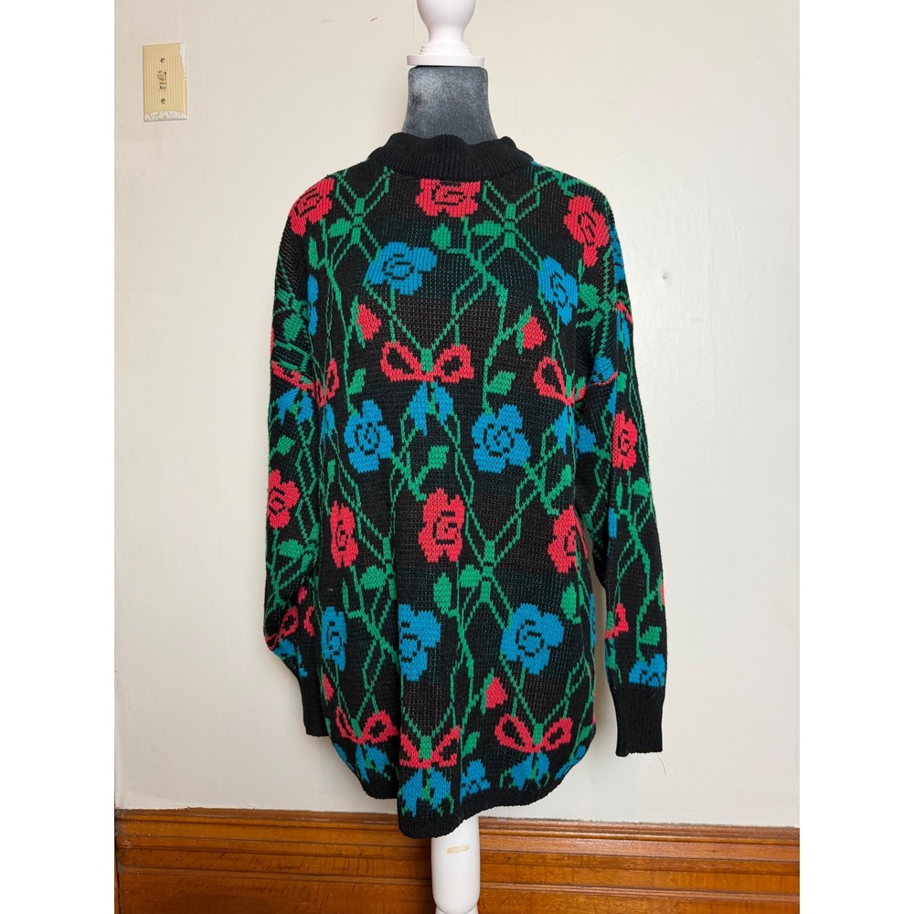 Vintage Floral Bow Intarsia Sweater oversized Cottagecore country 90's chunky